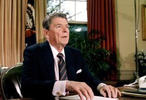 U.S. President Ronald Reagan is shown in the oval office in the Whitehouse after a televised address to the nation about the shuttle challenger explosion on January 28, 1986.